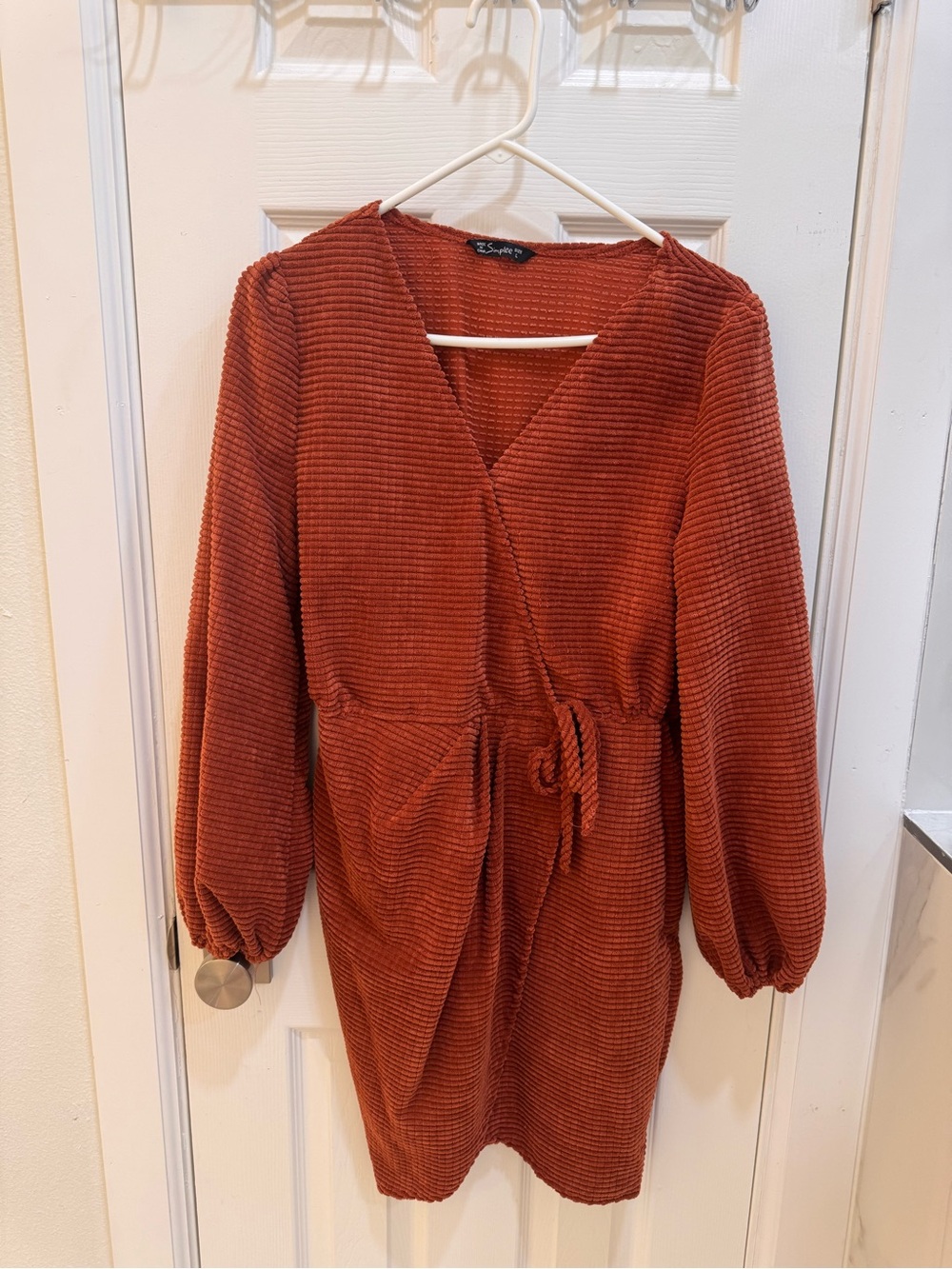 Simplee Apparel Rust Orange Corded Wrap Long Sleeve Dress